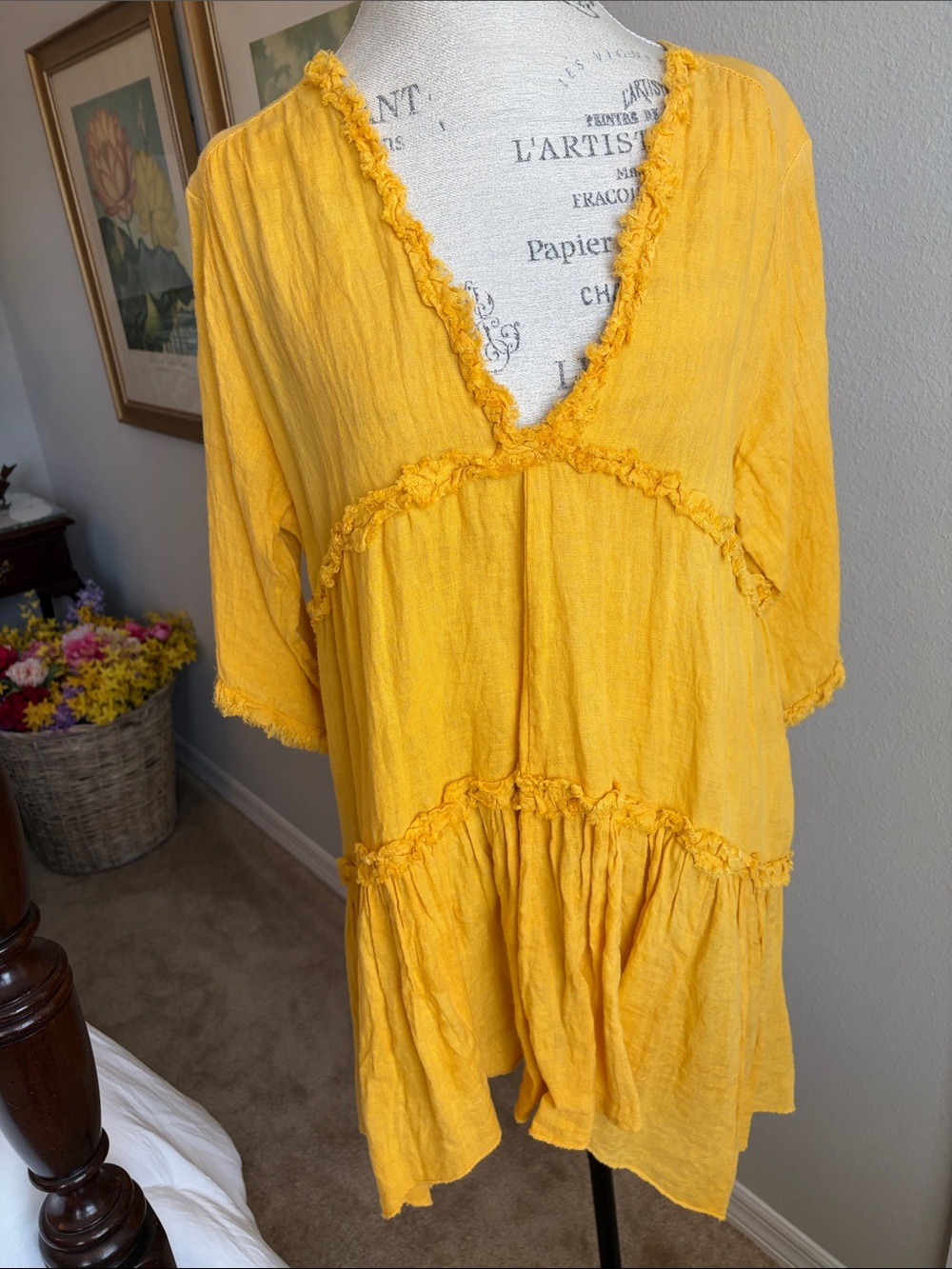 Sunny Yellow Tiered V-Neck 100% Linen Tunic